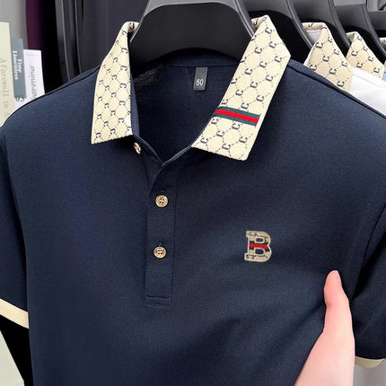 Luxury brand B letter embossed short sleeve polo shirt men summer lightweight breathable new fashion color blocked lapel T-shirt
