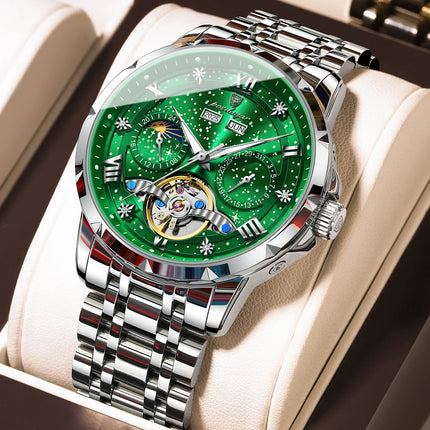 POEDAGAR Top Original Men Clock Automatic Mechanical Stainless Steel Men's Watches Calendar Hollow Tourbillon Man Watch Male+Box