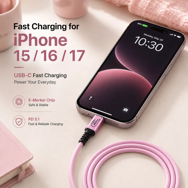 USB-C to USB-C Cable 240W PD 3.1 Fast Charging, Pink TPE Cord for MacBook, iPhone 15/16/17, iPad Pro, Galaxy S24