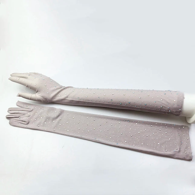 Sexy Shining Flash Drilling Thin Elasticity Lace Fashion Personality Dance Stage Performance Cosplay Women Mesh Long Gloves