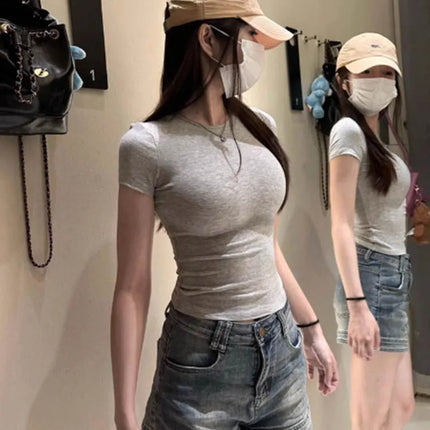 American style spicy girl shoulder T-shirt for women in summer 2025, tight fitting and slimming short top, basic elastic short s
