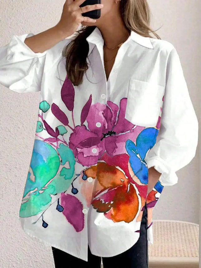 Plus Size Women's Fashion Spring   Autumn Floral Print Pocket Long Sleeved Casual Shirt Lapel Single Breasted Loose Blouse Shirt