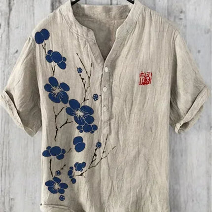 Men's Summer V-neck Art Print Men's Short Sleeve T-shirt 2024 Summer Fashion Urban T-shirt Men's V-neck Henry Shirt