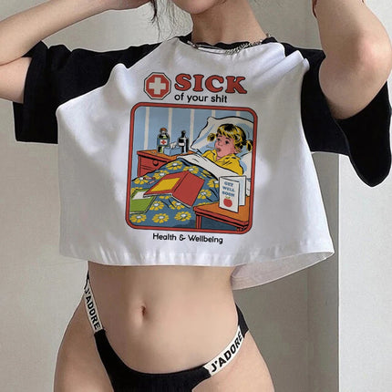 Crop Top Gothic Horror Y2k Aesthetic 90s Satan T Shirt Women Satanism Evil Demon Grim Death Tshirt Female Cropped T-shirt