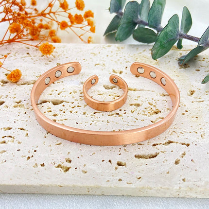 Set Pure Copper Bracelets and Rings for Women Men Simple Cuff Magnetic Bangles Arthritis Health Solid Copper Jewelry
