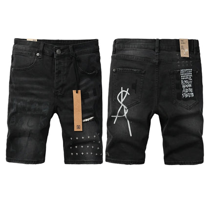 2026 Hot New Men's Blue Acid Washed Denim Shorts Distressed Ripped Embroidered Slim Fit Casual Shorts Streetwear Bottoms