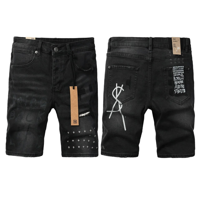 2026 Hot New Men's Blue Acid Washed Denim Shorts Distressed Ripped Embroidered Slim Fit Casual Shorts Streetwear Bottoms