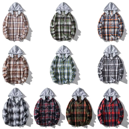 Autumn Hot Sale Of The Season Men's Plaid Hooded Casual Shirt Independent Station Cross-Border Checkered Hoodie Style Floral Patchwork