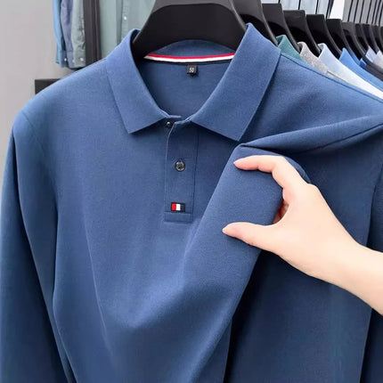 Men's turn-down collar T-shirt, long-sleeved, autumn business style, 100% cotton, casual Polo shirt, men's top, Polo shirt