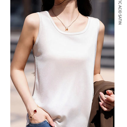 High-End Acetate Fiber Women's Knitted T-shirt with Suspender European Fashion Style Popular Women's Top
