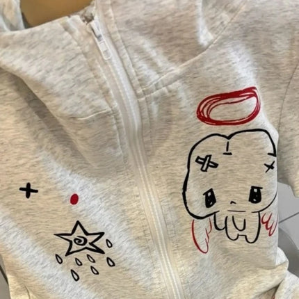 Summer Cartoon Printing Japanese Women Hoodies Preppy Style Rabbit's Ears Hooded Tops Y2K Aesthetic Slim Fit Tees Grunge