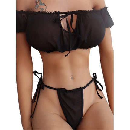 Sexy Lingerie Body Suit Women Drawstring Ruffled Underwear Bra Set Transparent Short Sleeve Crop Tops Micro Thongs Panties Suit