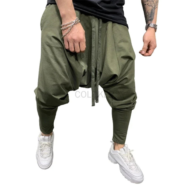 Men's Black Dropped Crotch Harem Pants Streetwear Hip Hop Drawstring Casual Trousers Slim Fit Elastic Ankle Joggers Black