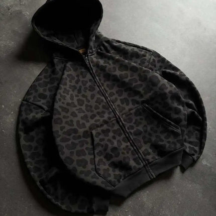 2026 New Arrival Women Y2K Dark Leopard Print Zip Up Hoodie Oversized Vintage High Street Hooded Sweatshirt