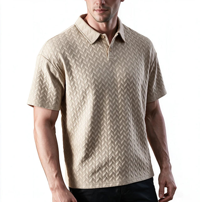 Men Textured Jacquard Polo Shirt Short Sleeve Loose Fit Versatile Daily Street Vacation Leisure Summer Casual Tops