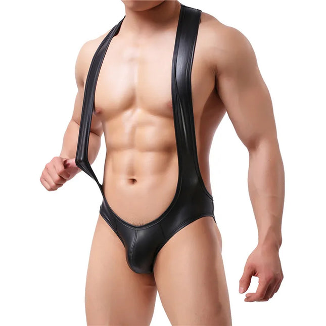 Men's Leotard Sexy Teddy Lingerie PU Leather Bodysuit Wrestling Singlet Open Butt Jumpsuit Gay Erotic Underwear Fetish Catsuit