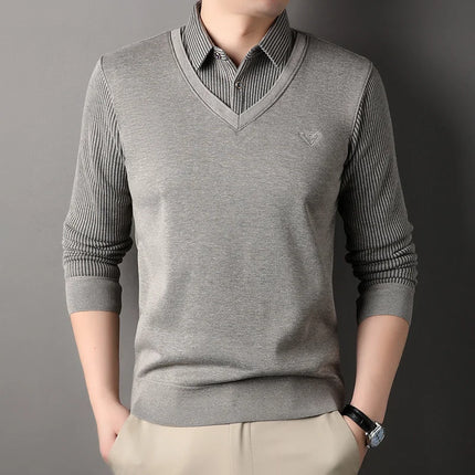 Autumn and Winter New Collection with Fleece Fake Two Piece Long Sleeved Polo Shirt for Men Fashionable and Casual Versatile Top