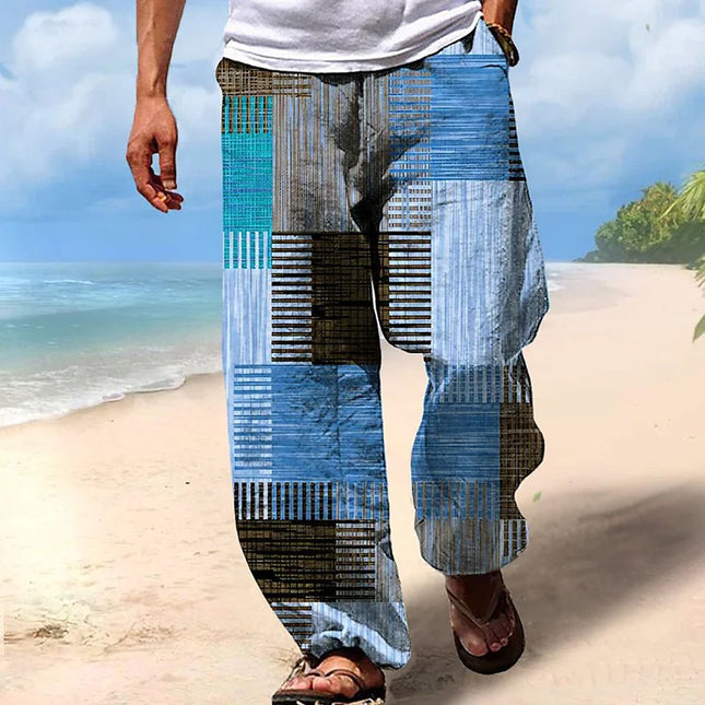 Summer Men Beach Pants 3D Geometric Print Drawstring Elastic Waist Straight Trousers Casual Loose Pants For MenA1
