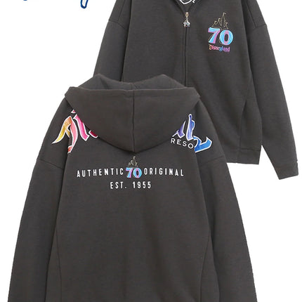 Disneyland 70th Anniversary Castle Mickey Mouse Cartoon Print Embroidery Fleece Sweatshirt Women Hooded Zipper VELOUR Jumper Top