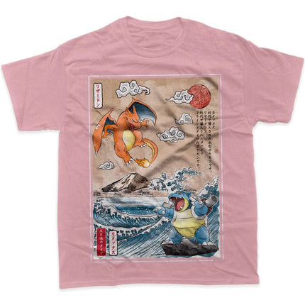 2026 Summer Pokemon Charizard Blastoise Ukiyo-e Print T-Shirt, 100% Cotton Loose Casual Oversized Tee for Adults & Kids Y2k