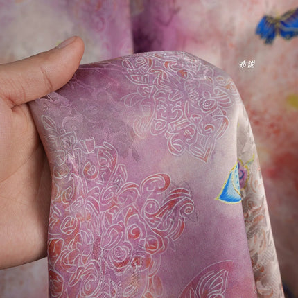 Butterfly Xiangyunsha Fabric Blush Pink Floral Jacquard Hualuo Silk Chinese Knot Dress Skirt Material for Designer Sewing Cloth