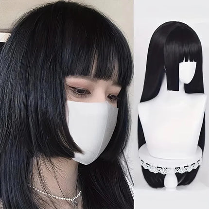 Natural Long Straight Synthetic Black Wig With Bangs Lolita Cosplay Hair Wigs For Women Heat Resistant Fiber Daily Party Wig Fem