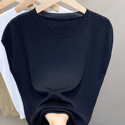 Ice Silk Knitted Top Women's Summer Thin Shoulder Drop Round Neck Short Sleeve T-shirt Pure Color Commute Style Outerwear
