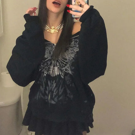 Gothic Butterfly Print Oversize Zip Up Hoodies 2025 Winter New Grunge Long Sleeve Sweatshirt Casual Hooded Jacket Streetwear
