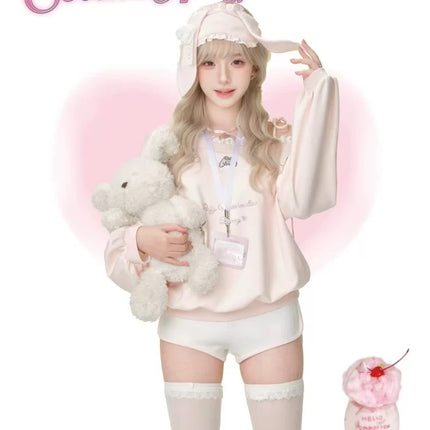 Japanese Kawaii Pink Sweatshirt Women Off Shoulder Lace Bow Long Sleeve Top Sweet Girl Design Fashion Soft Cute Casual Pullover
