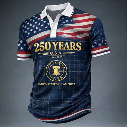 2026 New USA 250th Anniversary Celebration Men's Short-Sleeved Polo Shirt 3D Printed American Flag Pattern Vintage Men Polo