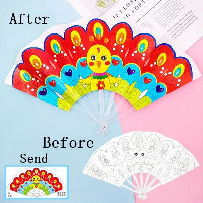 Painting Summer Fan DIY Toys For Children Cartoon Animal Color Graffiti Origami Fan Art Craft Toy Creative Drawing Kids