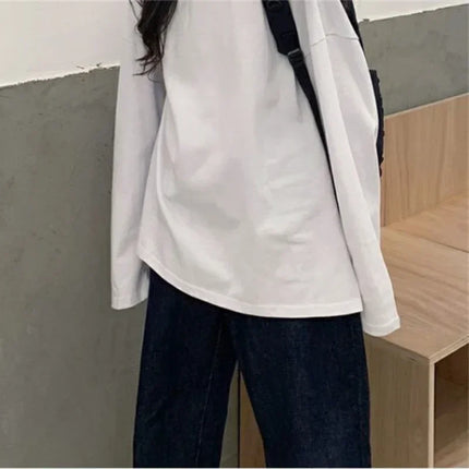 Harajuku Long T-Shirt Spring Autumn Solid Simple Oversized T-shirt for Women Goth T-shirts Split White Black Long Sleeve Tops