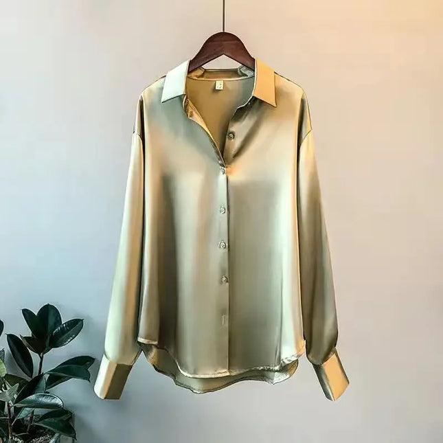 Plus Size Casual Women Silk Shirt 2025 New Fashion Loose Long Sleeve Button-Down Blouse Female Elegant Top Office Acetate Shirts