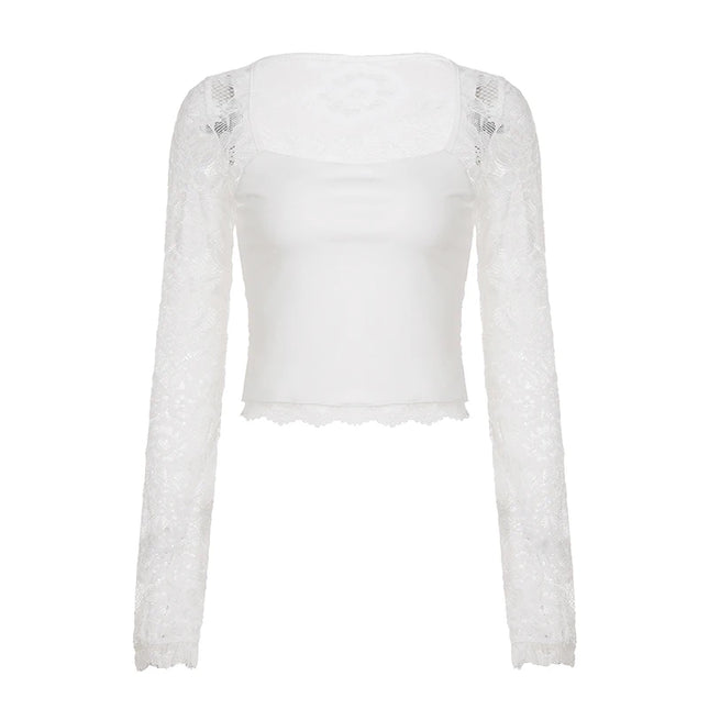 SUCHCUTE Lace-trimmed Patchwork Long-sleeve Tees Women Square Neck See-through Back Top Y2k Aesthetic 90s Sexy T-shirts Vintage