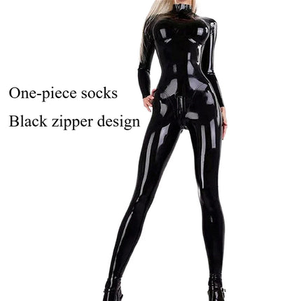 Shiny PU Leather Two-Way Zipper Bodysuit with Open Crotch And Long Sleeve Tights for Cosplay Conjoined Design