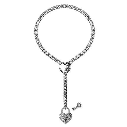 Womens Heart Slip Chain Necklace for Women with Rainstone Lock and Key Cuban Link Chunky Punk Rock Stainless Steel Choker