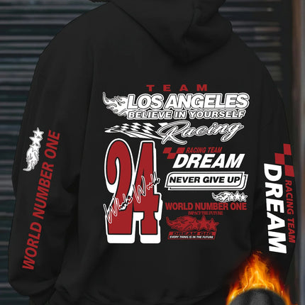 Los Angeles Racing "Never Give Up" Print Men Women Hooded Sweatshirt Autumn Winter Daily Outdoor Fitness Casual Loose Sportswear