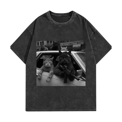 Funny Cat Gang Meme Graphic T Shirts Men's Women's Fashion Vintage Washed T-shirt Summer High Quality Cotton T-shirts