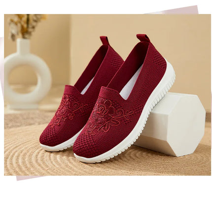 Women's Fashion Vulcanised Trainers 2025 Round Toe Breathable Flower Mesh Casual Flat Slip-On Women's Casual Vulcanised Shoes
