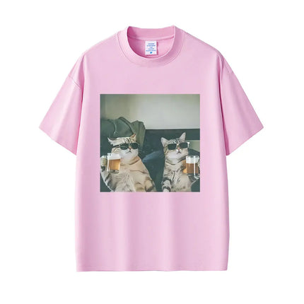 Cool Cat Drinking Beer Funny Meme T-shirt Women Casual Vintage Short Sleeve T Shirt Women Fashion Crewneck T-shirts