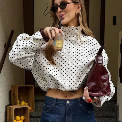 HH Woman Autumn Long Sleeves Turtleneck Zipper With Pockets Drawstring Casual Coats Women Fashion Polka Dot Printed Jacket