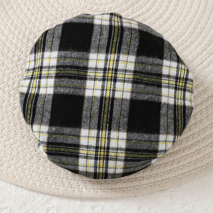 Newborn Literary Style Boy Baby Lapel False Strap Black Plaid Color Matching Jumpsuit Long Sleeve Button Cardigan Pantyband Hat
