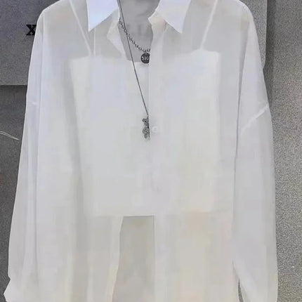 Plus Size Women’s Shirts 2025 Summer Breathable and Sun-Proof Ice Silk with Button Thin Loose Sheer Chiffon Blouses Long Sleeve