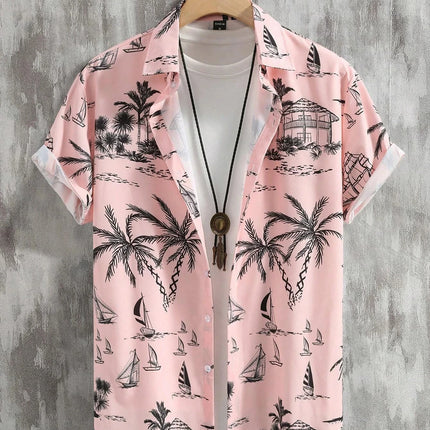 Hawaiian Botanical Flower Print Men's and Women's Short Sleeve Lapel Seaside Button-Down Shirt Top Casual Fashionable Shirts