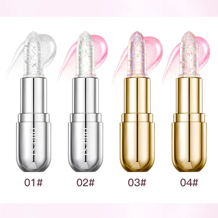 QIBEST Glitter Lipstick Lip Balm Color Change Transparent Moisturizing Crystal Jelly Pearlescent Lip Plumper Gloss Tint Cosmetic