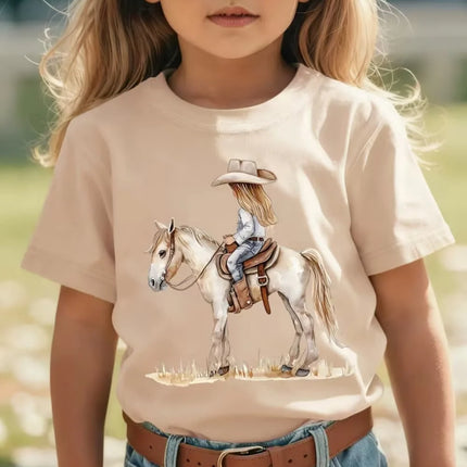 Girl Clothes Cow Girl Riding Horse 3D Print T-Shirt Western Festival Casual Top Summer Short Sleeve Outdoor Children's Clothing