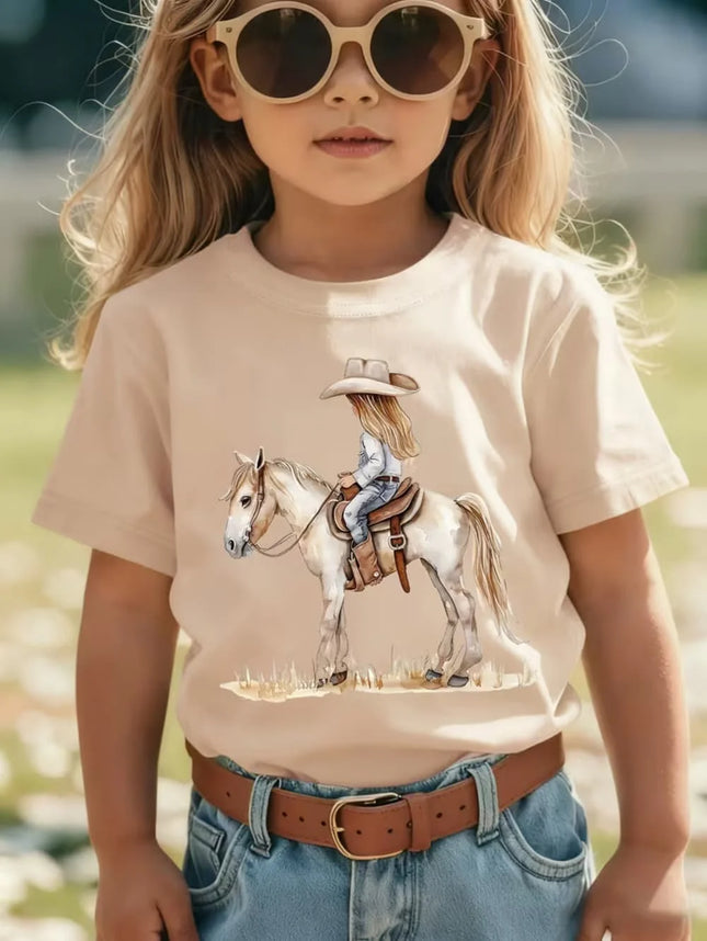 Girl Clothes Cow Girl Riding Horse 3D Print T-Shirt Western Festival Casual Top Summer Short Sleeve Outdoor Children's Clothing