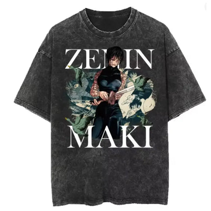 Jujutsu Kaisen Harajuku Anime Zenin Maki Vintage Washed T-Shirt Cotton Men's Streetwear Oversized Clothing