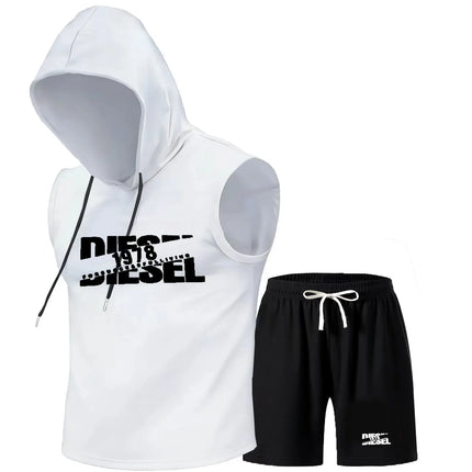 Summer breathable letter printed sleeveless hooded sports suit men's quick drying vest shorts two-piece set