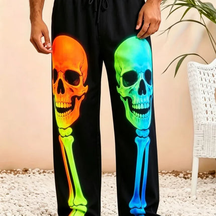 Men's skull print casual pants, loose and breathable drawstring style, for trendy and cool vacation items in multiple scenes